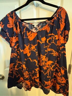 😍Terra & Sky Navy and Orange Floral Scoop Neck Blouse Size 4X